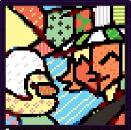 A screenshot of the canvas Tallulah made from Phil's stream. It's a patchwork style drawing that makes it look like it's made out of a quilt of Phil and Chayanne.